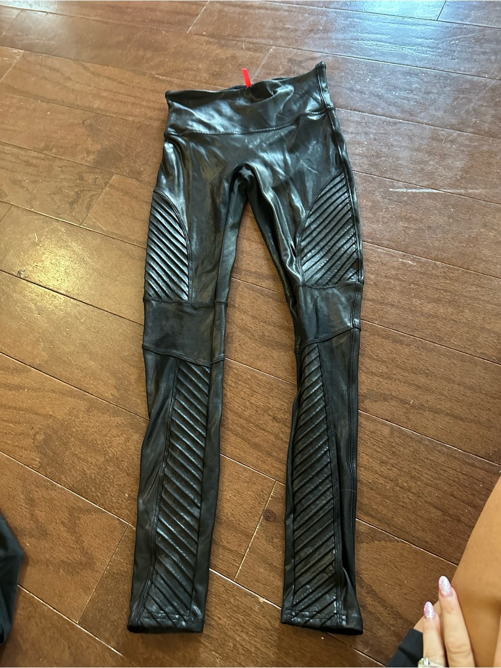 SPANX Black Faux Leather Moto Jeggings with Ribbed Panels